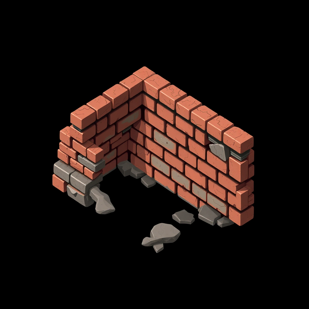 Create an image of a piece of wall. The style is isometric fantasy game art. The wall is made of bricks looks weathered. The background is plain black.