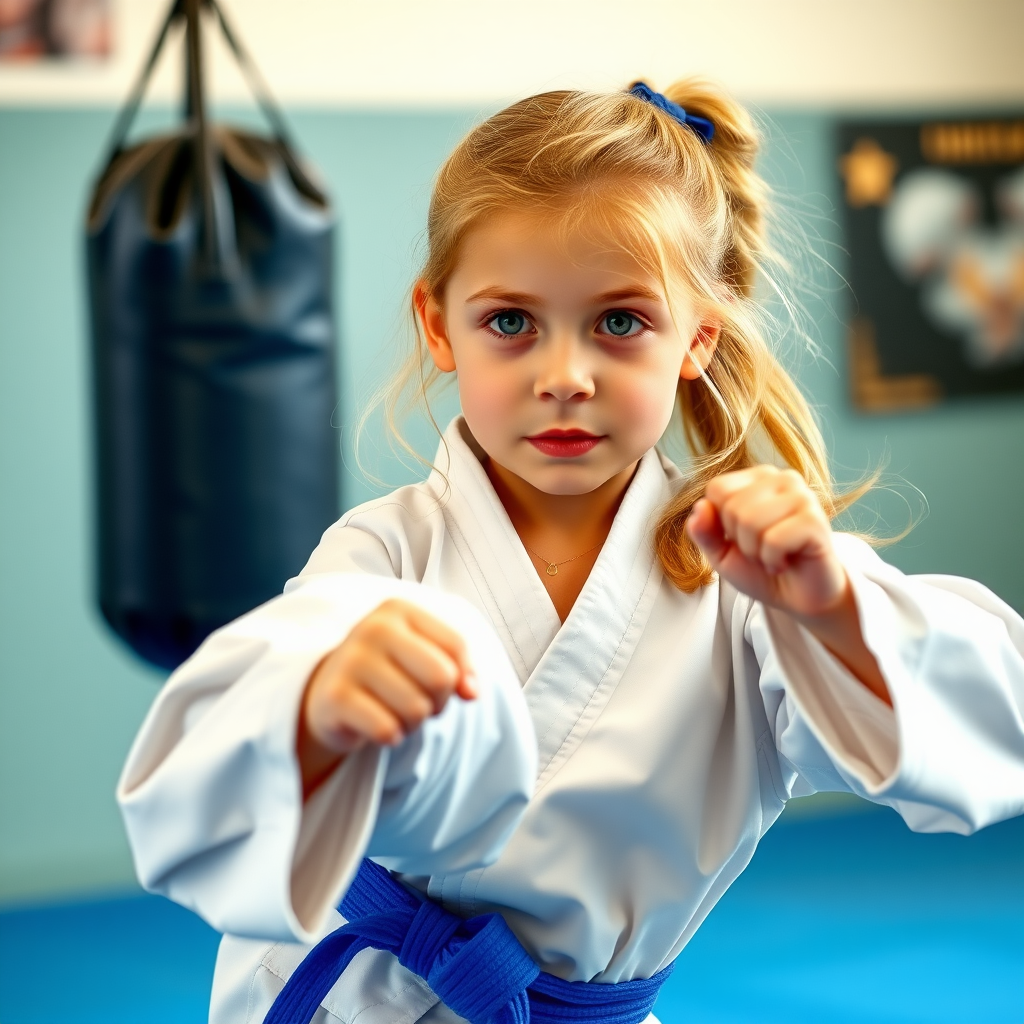 an eight-year-old girl, with strawberry blonde hair and green eyes, who does karate with a blue belt, kicking a bag