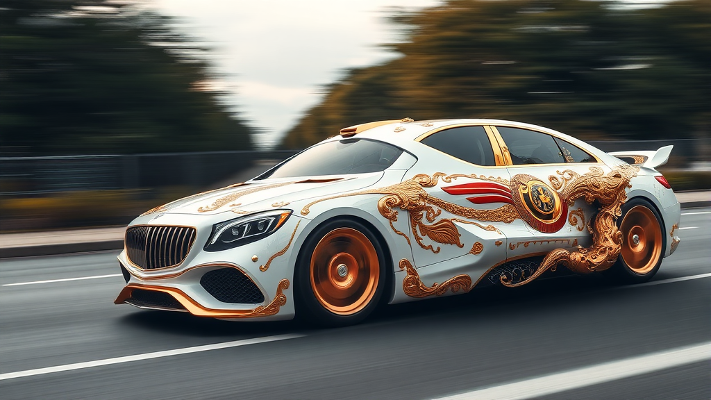 futuristic maybach sedan, A luxurious, white and gold-plated car adorned with intricate, ornate designs and carvings. road motion blur