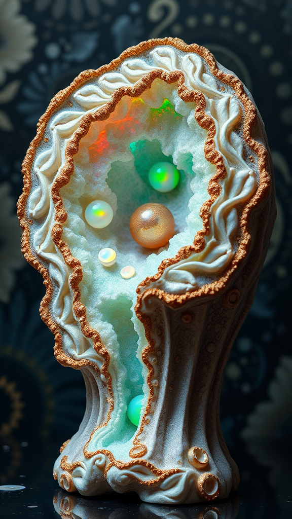 statue, mandelbulb fractal, ultra-detailed, dynamic composition, artistic photograph, geode, alabaster, fractal, brilliant colors, glittering, illumination, transparency, translucent, opal, turquoise, gold, romanticism, sharp focus, wabi-sabi, pottery, floral