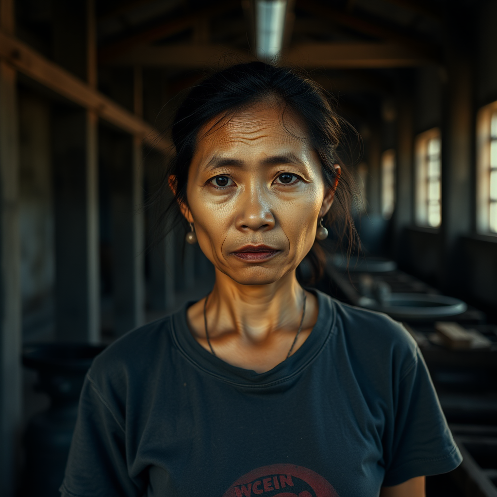 A very sad and hungry Laos young woman with a very old T-shirt in a very dark old and mystery factory.