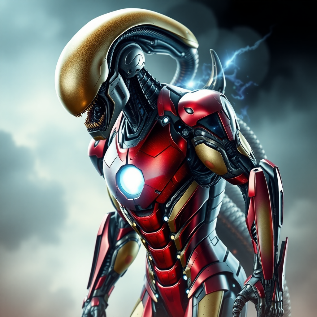 detailed fusion of iron man and xenomorph