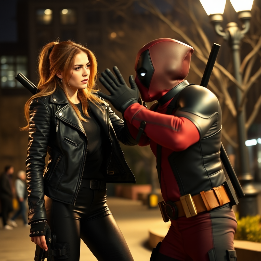 A beautiful angry female burglar in a black leather jacket over a black t-shirt with black pants and gloves slaps Deadpool in the face in Manhattan park at night.