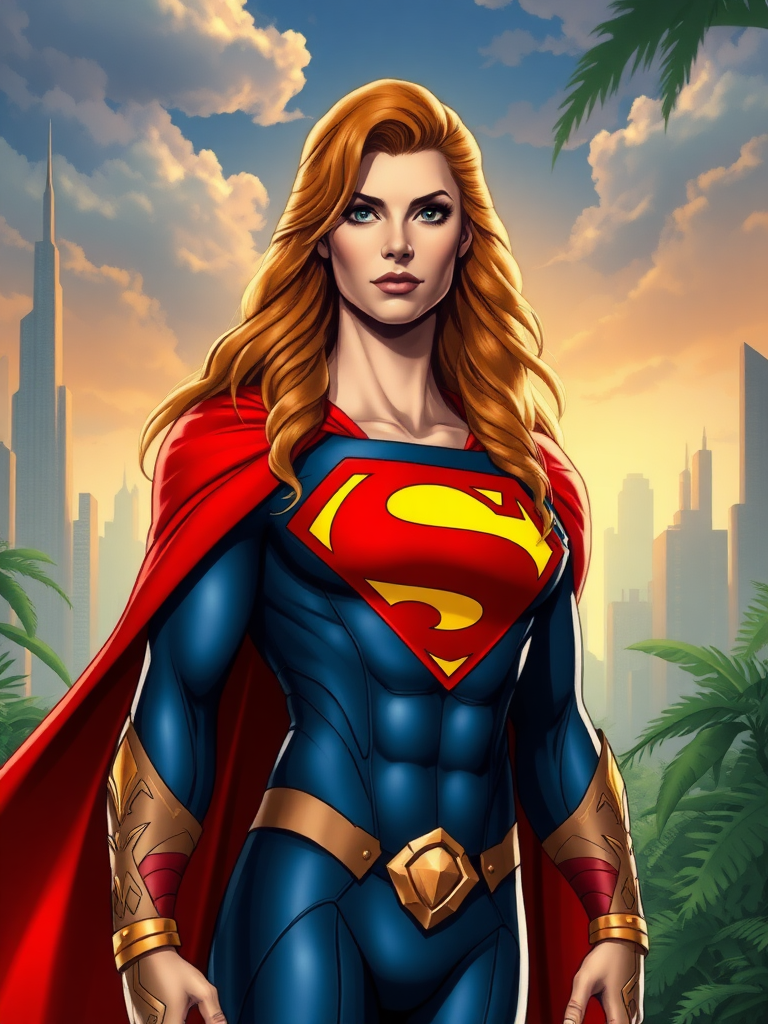 Create a full-length image of Superman featuring Cheetara's feminine figure from Thundercats. Maintain Superman's head, hairstyle, and facial features. Retain Superman's costume while adding Cheetara's embellishments. Adjust the costume to accommodate the new body proportions. Design the background inspired by elements from both Superman and Thundercats, blending cityscape and jungle motifs for a cohesive scene.