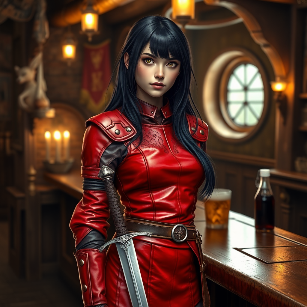 A photo realistic girl with black hair in red leather armor and wearing a sword in a scabbard on her belt standing at the bar in a medieval tavern