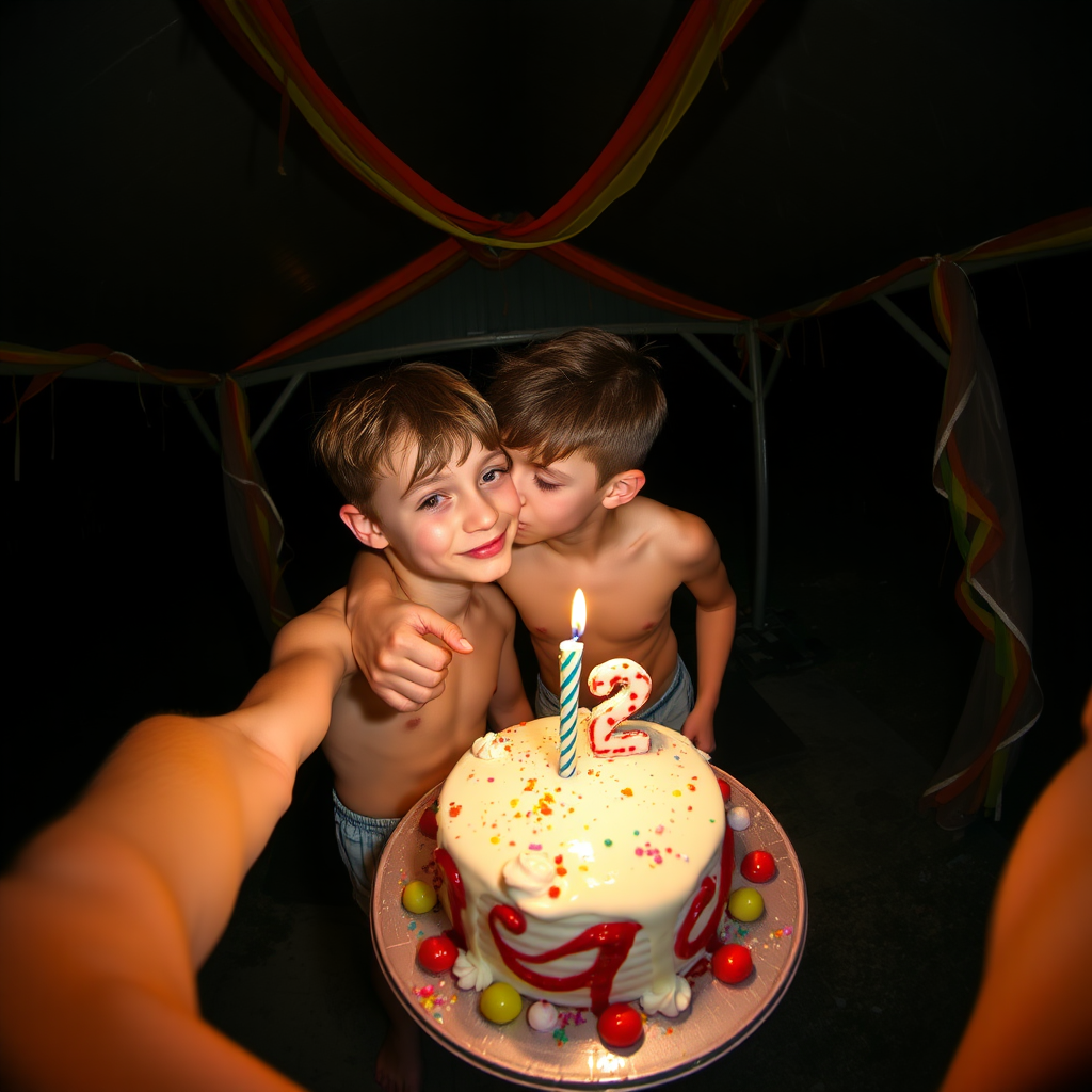 rainbow birthday party!, aerial selfie, selfie stick, night vision, friendly barefoot tween boy shirtless with adorable hair and freckles kissing his brother, candle on cake shaped like 12, they are sticky with smashed birthday cake and icing like runny white mucous, shirtless and in tiny little fitted trunks, alone celebrating in a dark rainy picnic shelter at midnight, winking at the camera, rainbow decorations