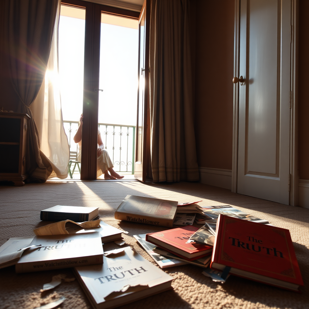 Disrupted books "The Truth" and magazines "Watchtower" on the floor. In a room, the terrace door is opened, a woman is sitting in the doorway looking outside. The sun is shining outside. The curtains are moving by the wind.