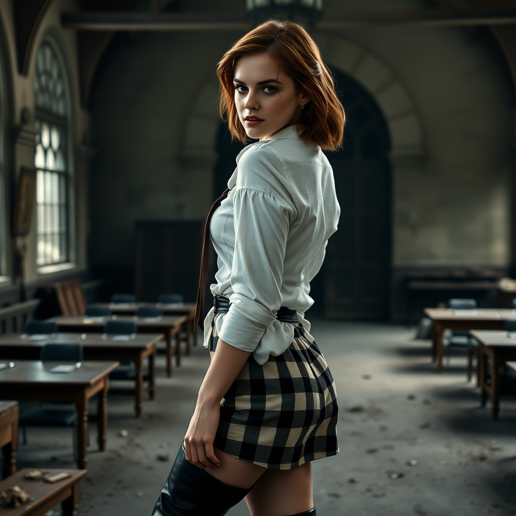 Emma Watson as Hermione Granger, midnight, 18 years old, tousled hair, seductive, very white skin, natural makeup, overknee boots made from leather, lifting short checkered miniskirt, voluptuous butt, ripped white linen shirt, necktie, flat chest, looking cravingly at viewer over shoulder, full body shot, seductive, teasing, dark and moody, skin details, skin imperfections, dirty and abandoned Hogwarts classroom in background, pale moonlight, photorealistic, ultra high resolution, 16K, viewed from side, suggestive pose.