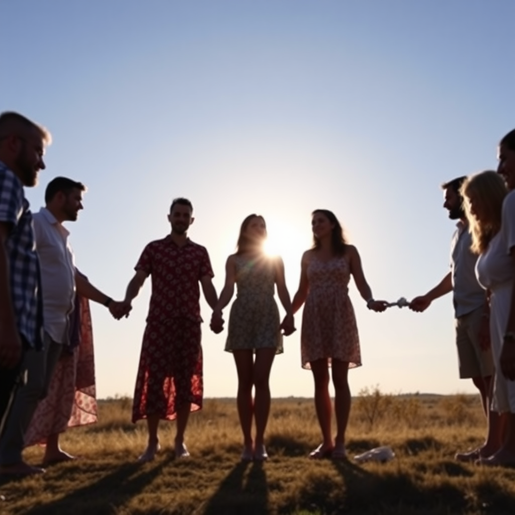 a group of men and women standing in a circle. they are holding hands. in the background, there is the sun.