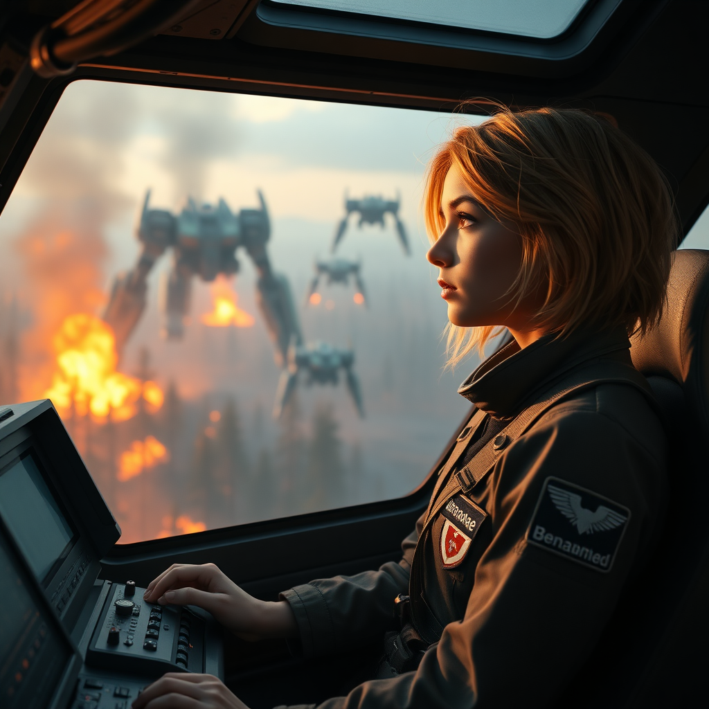 A girl with a face like Ana de Armas, pale, no makeup, messy shoulder-length strawberry blonde hair, athletic, wearing a flight suit, "Benaenae" badge on the pocket. She is in a mech cockpit looking calmly out the window while working the controls. There is an intense battle in the background between giant robots twice the height of trees in a forest on fire. Hyperrealistic, dawn, film grain.