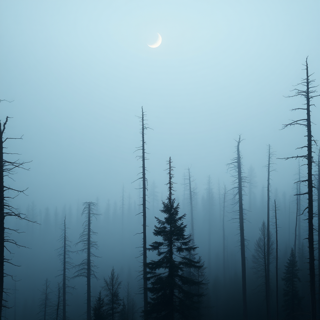 a photo of a foggy forest, by Kristian Zahrtmann, broken forests, eerie color, black fir, forest on the horizon, alien trees, destroyed forest, merging with tree in a forest, crescent moon, forested, barren, danila tkachenko, tall trees