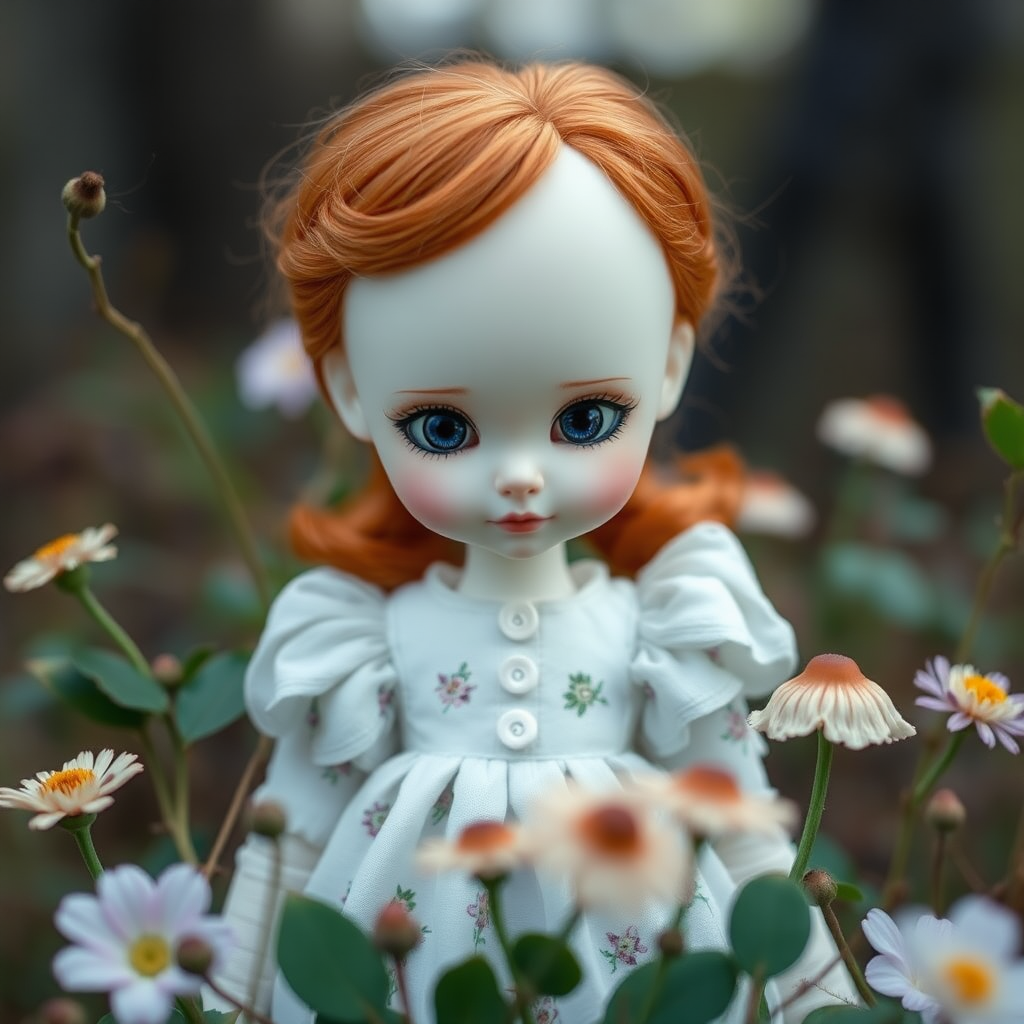 ooak art doll in nature, looking at camera, shy flirting, bisque doll, artist doll, realistic doll, life-like porcelain doll, handmade, one of a kind, focus stacking, abstract, minimalist art, in focus, hyperfocal, bisque porcelain, Victorian dress, floral, symmetric, sacred geometry, original, unique personality, dynamic, cinematic scene, centered, zoom shot, dept of field, low key lighting, preteen ginger girl, balanced colors, Alice in wonderland, shrooms