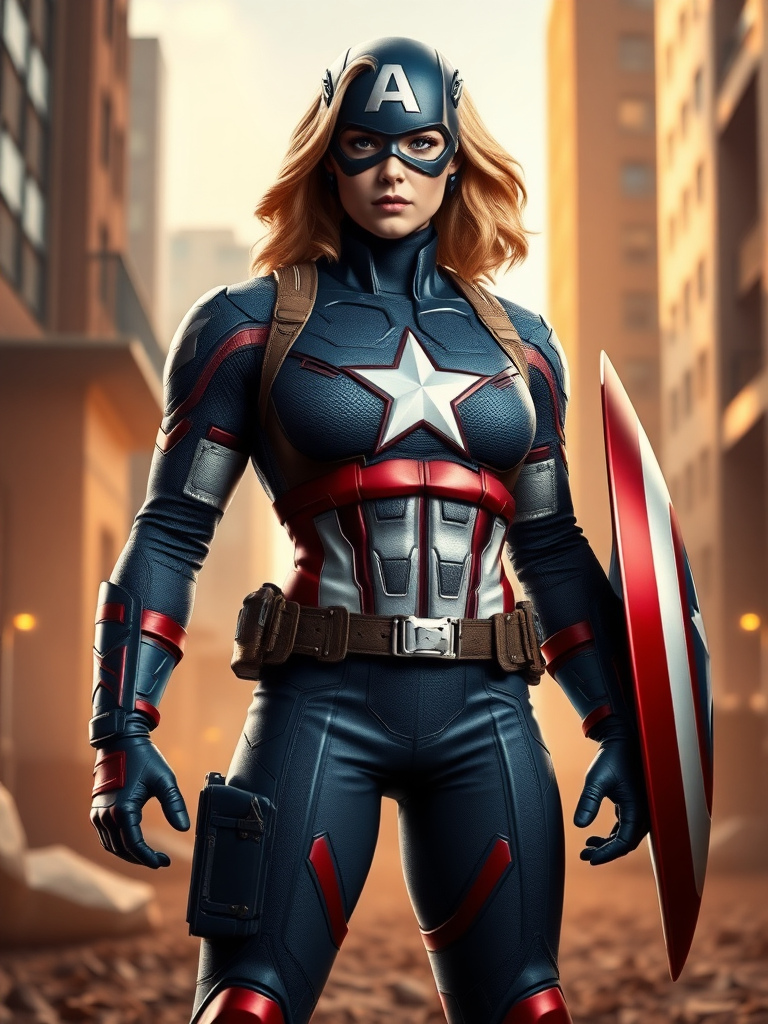 Generate a full-length hyper-realistic render featuring Captain America utilizing the body type of Power Girl. Retain the original head while modifying the silhouette to reflect Power Girl’s physique. Position the character in an appropriate background that harmonizes elements from both universes, blending iconic aspects of Captain America’s patriotism and Power Girl’s strength. Ensure attention to detail in textures, lighting, and colors to create a vivid, lifelike scene. Maintain a dynamic pose that captures the essence of both characters. Focus on a balanced composition that showcases the character effectively within the chosen environment.