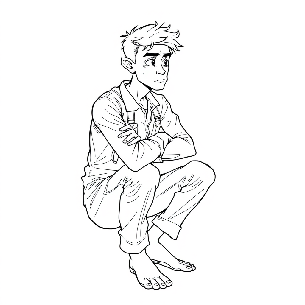 shy nervous small 18 year old european skinny man, long sleeves coveralls, tense fabric, squatting, fascinated, side view, detailed feet, 2D, caricature, cartoon, Sketch lines, coloring book, coloring book