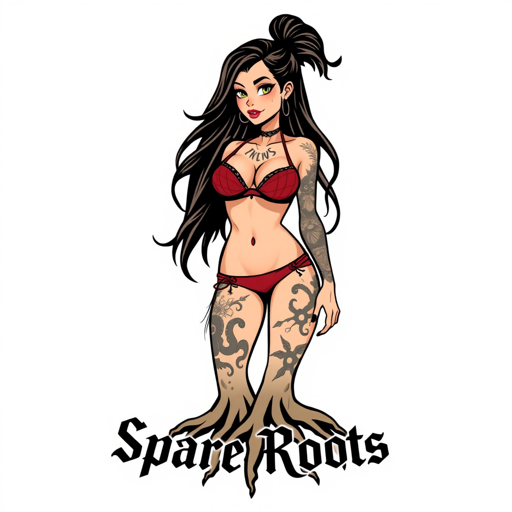 A modern tshirt design that features a gritty tattooed cartoon woman in a bikini. the bottom of the design reads "Spare Roots". the image has a blank white background.