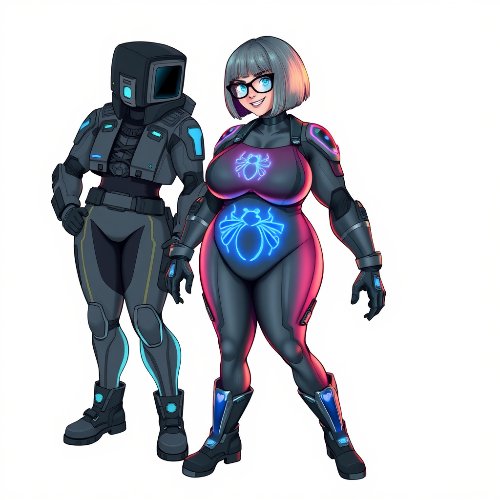 A heavily, extremely, and intensely pampered nerdy full-figured middle gray digital sidekick, a 28-year-old computer major, has been transformed by her doting vigilante boyfriend. Her distinct, metallic, middle gray skin and bob cut appear to blend together simulating computer data, and her neon blue eyes glow with intelligence. Her full-figured physique, now showcasing a large round midsection, thick limbs, and broad shoulders, contrasted by a slim face, clearly reflects her indulgence and pampering. Her full figure is prominently highlighted, with her prominent, large, round midsection and thick limbs emphasizing her pampered sidekick status. As the loyal and supportive sidekick, she plays a crucial role in their missions, using her digital prowess to assist and protect.

She wears a digital middle gray suit with a neon blue glowing scarab beetle chest icon, digital middle gray boots with neon blue glowing scarab beetle themed accents, and matching high-tech gloves with matching accents. She bashfully giggles with a neon red blush, emitting neon blue data cubes from her body. Her full figure clearly shows how pampered she is. Her nerdiness is accentuated by her black oversized eyeglasses.

Her outfit, influenced by DC’s Jennifer Knight Phantom Lady, remains distinct. Adding to her pampering, she serves as his minicomputer, traveling in his high-tech wristwatch and supercar’s computer system. Using her ability to hack into computers and machines, she relays crucial knowledge relating to his missions.

Her prominent, large, rounded midsection and thick limbs are on full display, emphasizing her indulgence and pampering while maintaining her nerdy physique. She is on a solid white background. She is drawn as if she was in a retro 2D cyberpunk fighting game. Ensure her midsection is round.