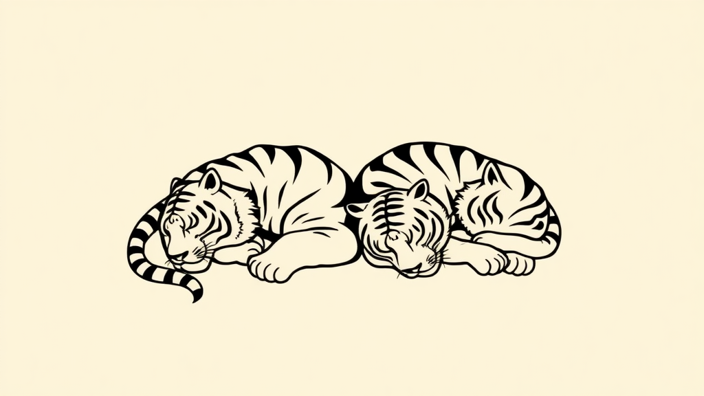 Create a minimalist, monochromatic design of two sleeping tigers in the style of Sak Yant tattoo art.