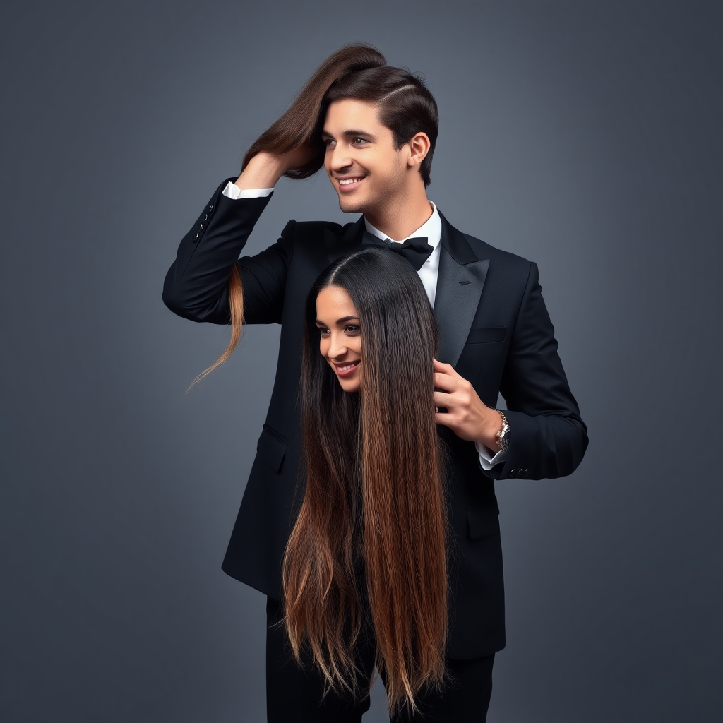 A surreal image of a smiling male magician standing to the side while holding up the disembodied head of a very long haired Meghan Markle by her hair to display it to the camera. He is grabbing her very long hair and pulling it up high in the air, while her head is hanging by her hair from his grasp. Plain gray background.