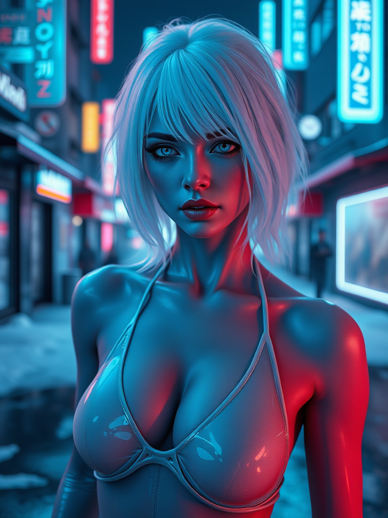 FEMALE NEXON GAMES, inside in a scenery game city Altered Carbon, white gelatins floating, white hair, blue eyes neon, mouth closed with a sarcastic expression of irony, ice street in city, using grey gelatin swimsuit translucent metalic grey skin, front posing, full body view, Image 9:16 Resolution HD High Quality, cinematic corrected lighting, hyper-realistic saturation in layer fusion with 8K cimetric HDR traces in Real Tracing perspectives, realism vision colors Impact of Realism in the reflections of the environment inspired by wet