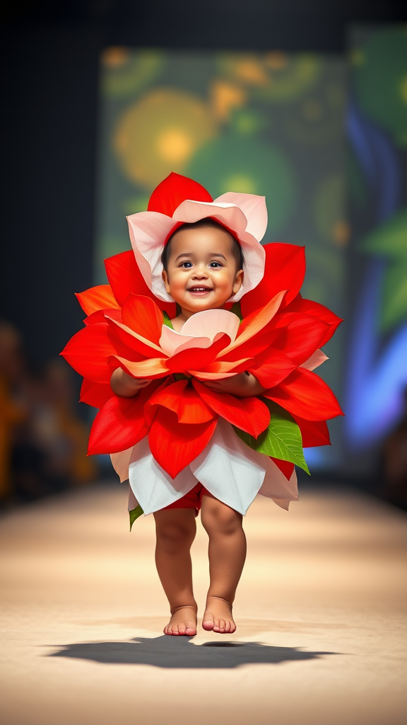 A cute baby dressed in an elaborate flower costume, walking confidently down a runway. The costume features large red and white flower petals surrounding the baby's head and body, with green leaves accentuating the design. The vibrant red petals contrast beautifully with the white ones, creating a striking floral arrangement. The baby is barefoot and smiling, with a soft light illuminating the scene, while the background remains blurred, adding focus to the colorful flower-inspired outfit. The atmosphere is playful, magical, and full of life, with detailed textures on the petals and leaves. HD, 4k, high resolution pic