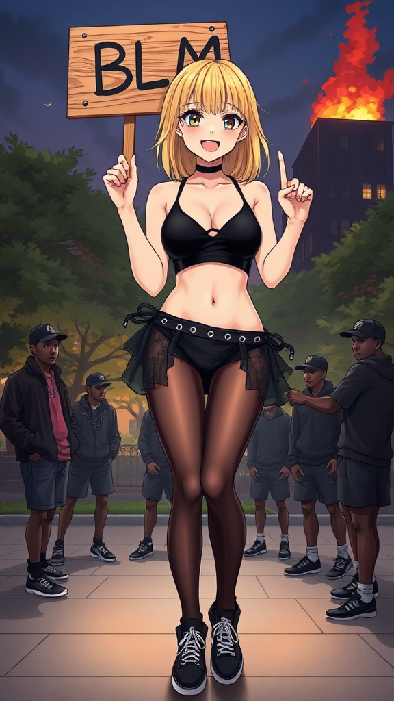 Anime art of a woman, medium blonde hair, a black, sleeveless crop top that reveals the woman's black bra and a high-waisted, wicked smile, middle finger, large breast, patterned transparent mini skirt that showcases a mix of black and white colors. She is also wearing black sheer tights and black sneakers with white laces, holding a wooden sign in 2 hands which says "BLM" in air. Park and 1 building on fire at night from riots background, groups of black african-rioters-thugs standing right next to her ripping her skirt off revealing her black-underwear.