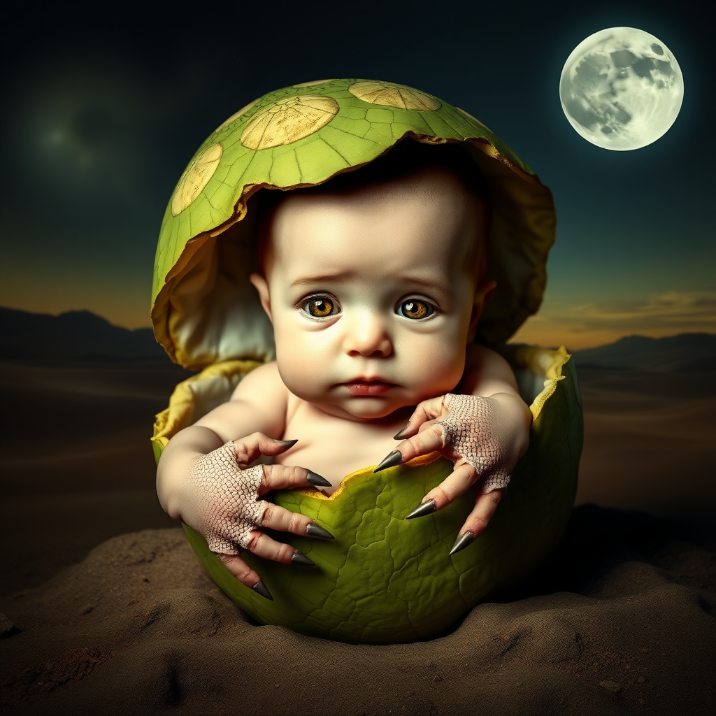 Create a photorealistic mix picture in Salvador Dali style. With a fresh newborn human baby hatching from what looks like a green reptile egg. The baby looks straight into the camera. The baby has very yellow pupils. The baby has reptile hands with claws. Scene: moon landscape.