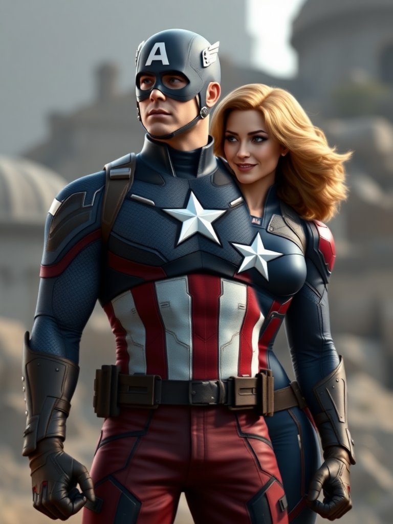 Create a hyper-realistic render of Captain America using the body type of Power Girl, while keeping Captain America's head intact. Adjust the silhouette to reflect the body type change. Place this character in a background setting that suits both Captain America and Power Girl, ensuring the scene is cohesive and visually appealing.