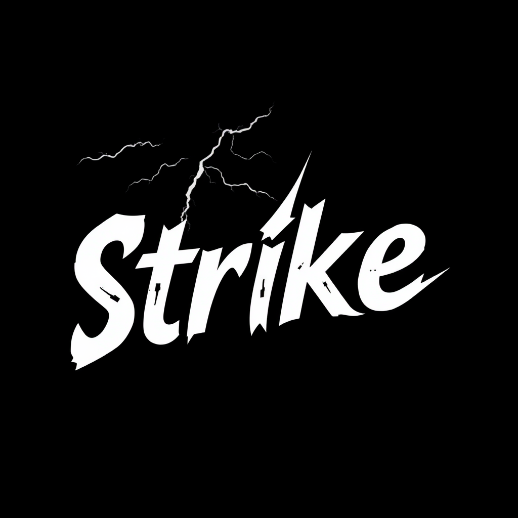 "Strike" with a sharp fort on a black background and with font. Make it with some lightning motives. Black and white