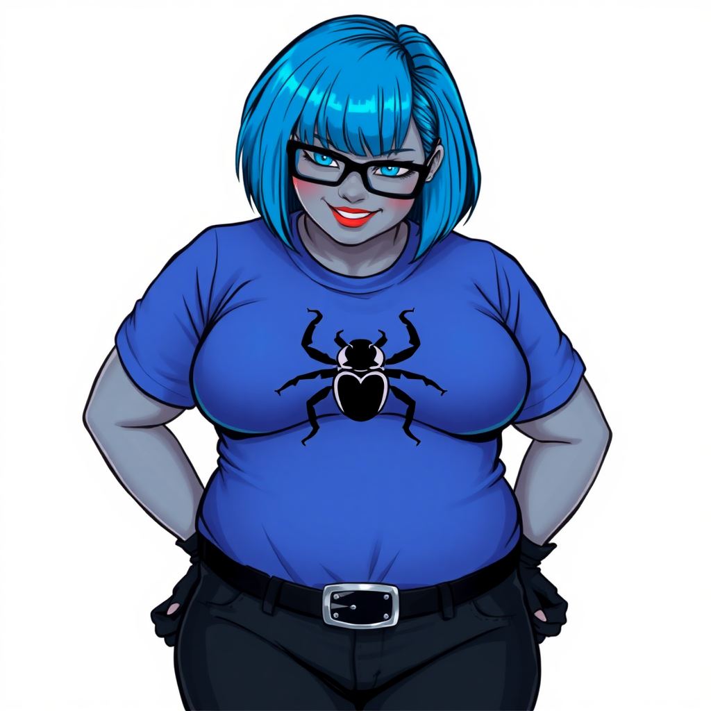 A 28-year-old, full-figured, metallic middle gray skinned computer program hybrid with a short maximum blue bob cut. She has a non-athletic build, highlighted by a prominent, round midsection (with a focus on her round belly). As a digital sidekick to her cyberpunk vigilante boyfriend, her middle gray metallic skin and maximum blue lipstick emphasize her digital nature. She wears a large, tight-fitting, maximum blue t-shirt (accentuating her belly) with a black chest icon of a beetle on its chest, black pants, a black belt with a sapphire scarab buckle, and black gloves. Her bright blue eyes, black eyeglasses, and shy smile with neon red blush accentuate her nerdiness. She bashfully bows her head (while still facing the screen) with her hands behind her back, her t-shirt covers her midsection (especially her belly) and emphasizing her full-figured, non-athletic physique. She is on a solid white background. She is drawn as if she was in a retro 2D cyberpunk fighting game. She is clearly non-athletic, with a focus on her full figure. Make sure her outfit covers all of her bare skin (especially her midsection).