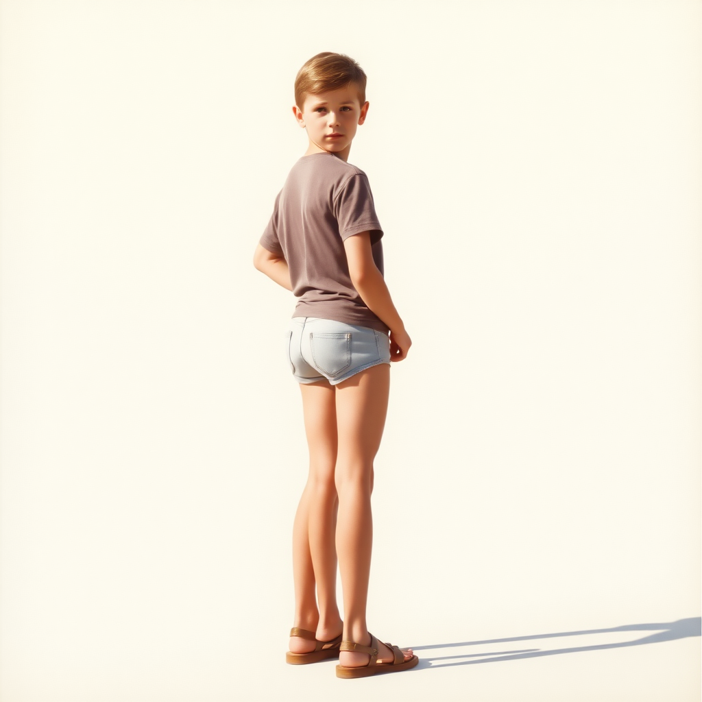 A tall skinny 12yo teen boy wearing a t-shirt, tight booty shorts, sandals. Long legs, bare thighs, narrow hips. 1980s.