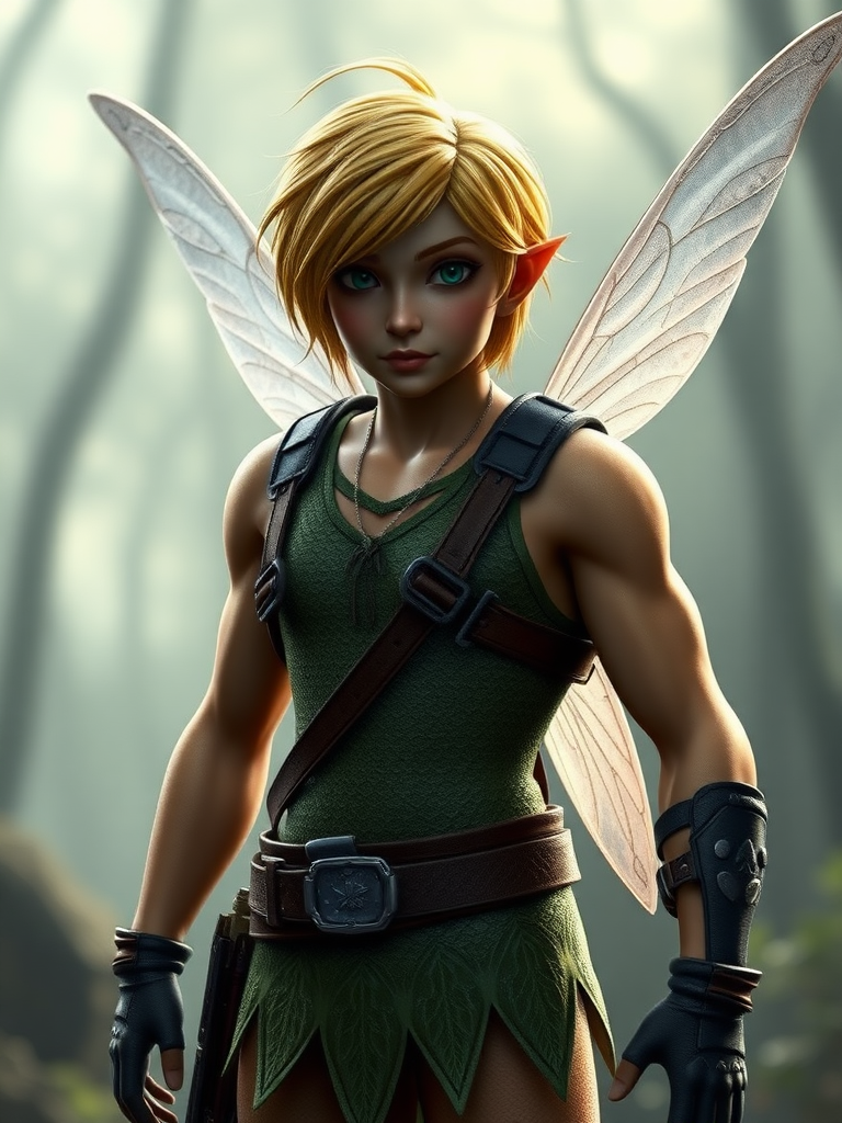 Create a hyper-realistic render of a character inspired by Tinkerbell, featuring the body type of Leon Kennedy from Resident Evil while keeping Tinkerbell's head unchanged. The character should maintain Tinkerbell's iconic features but have a male body structure that reflects Leon's physique, including his gender and silhouette. Set the scene in an appropriate background that harmonizes with both characters, capturing a blend of whimsical fantasy and survival horror elements. Ensure the lighting, textures, and details enhance realism and bring the character to life in this unique crossover.