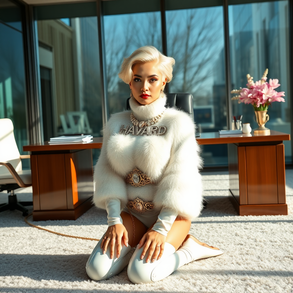 Sunny spring morning, chichi-society modern glass-steel-concrete CEO office, large CEO desk, fluffy carpet. Melissa: European 17 years old very convincing femboy “trophy-bimbo”, tamed servile docile, very beautiful feminine flawless face, rather short boyish figure, platinum blond short tight curls, bold red lips, heavily made-up face, wearing Supertanya-style fluffy very fuzzy bright white angora turtleneck-poncho cropped ending under bust decorated with pearls and gemstones, striking oriental ancient chastity belt, white vinyl thigh-high boots with golden heels, full Oriental bridal jewelry with striking headpiece, full Oriental face-jewelry, striking diamond “HAVARD” letter brooch on left chest, pout frustrated, leashed, hands tied behind back, kneeling on carpet in front of desk looking at camera.