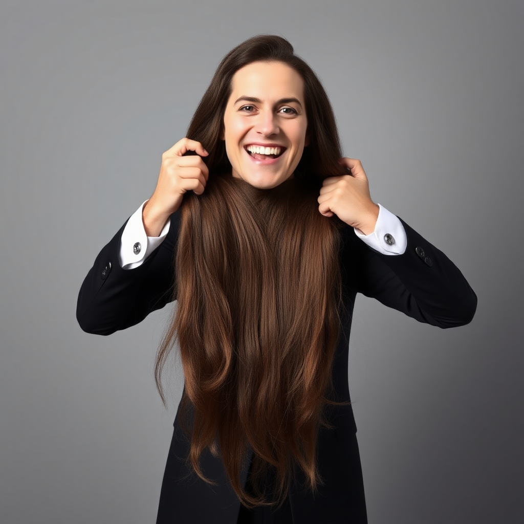 A surreal image of a smiling male magician holding up the disembodied head of a very long-haired Kate Middleton. He is grabbing her very long hair and pulling it up high in the air, while her head is hanging by her hair from his grasp to display it to the camera. Plain gray background.