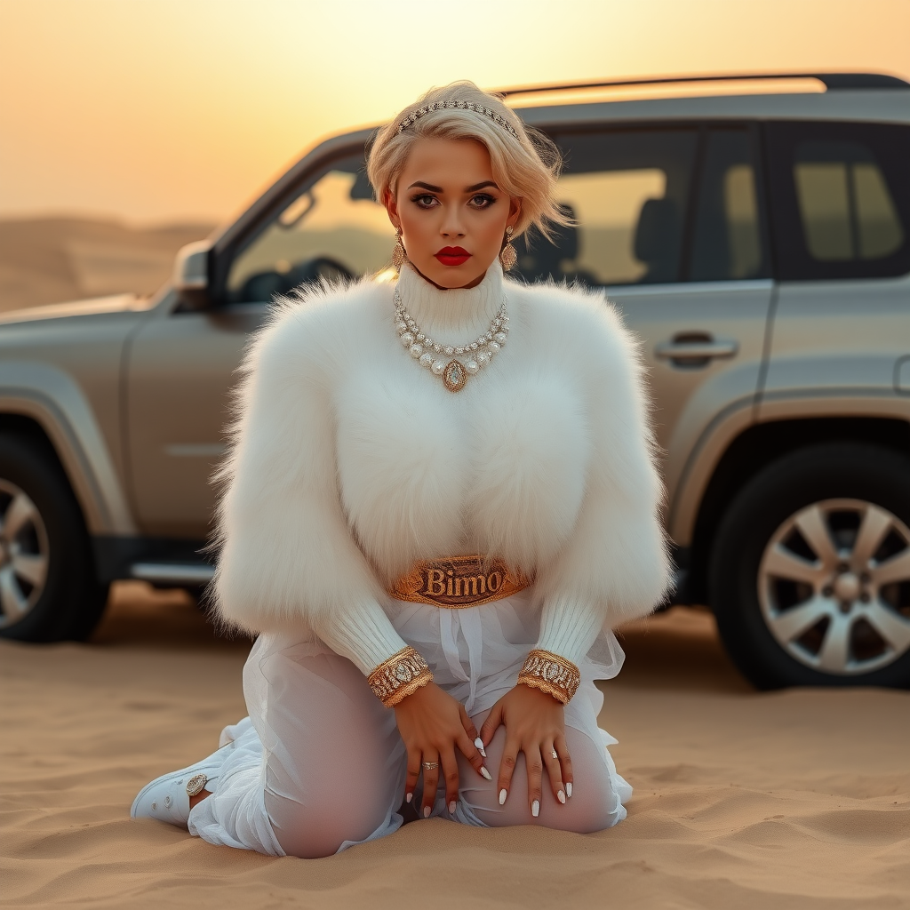 Kuwait desert dunes misty dawn, full size luxury SUV: Melissa, European 17 years old very convincing femboy “trophy-bimbo”, tamed servile docile, very beautiful feminine flawless face, rather short, by hormones very curvaceous womanly figured, platinum blond short tight curls, bold red lips, long white French nails, heavily made-up face, wearing Supertanya-style fluffy very fuzzy bright white angora turtleneck-poncho cropped ending under bust decorated with pearls and glass stones, striking oriental wide gold bridal protection belt, white fully transparent harem pants, full Oriental bridal jewelry including headpiece, nose-ring, coin wristlets, coin anklets, striking diamond “Bimbo” letter brooch on left chest, thick heavy pearl wristlets, pout frustrated, kneeling in sand in front of SUV, looking at camera. Focus on face and turtleneck-poncho.