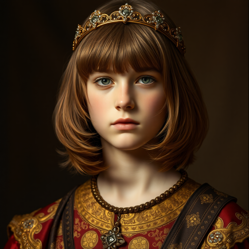 16yo teen boy prince, long bob cut, embroidered with gold and diamonds medieval cloths, diamond diadem and Beautiful War, natural Skin Texture, visualization of embossed Skin using the play of light and shadow. Free style by 50% Adolphe William Bouguereau, Academic realism and 15% Sandro Botticelli, early Renaissance and 35% Otto Lomüller, Boy Scout photorealism. The background is in the style of landscape style by Antonio del Polaiolo. Studio lighting, professional lighting. Generating the signature at the bottom: FluxBach. ultra high resolution, 16K,