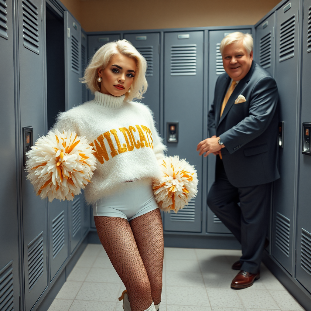 College football stadium, deserted cheerleaders squat locker room: Ana, European 17 years old very convincing femboy “QB’s trophy-bimbo”, tamed servile docile, very beautiful feminine flawless face, rather short boyish figure, platinum blond short tight curls, bold red lips, heavily made-up face, fluffy very fuzzy bright white plushy hazy thick angora turtleneck-sweater with “gold “WILDCATS” letters, vinyl gold short shorts, mesh pantyhose, white vinyl thigh-high boots with golden heels, large gold-white pompoms, pearl earrings, lovesick aroused, standing leaning against locker, shoulders slightly arched back to present her assets. Hank: older tall overweight male football coach, wearing sports-suit, triumphant smile, nimbly pushing Ana against locker.