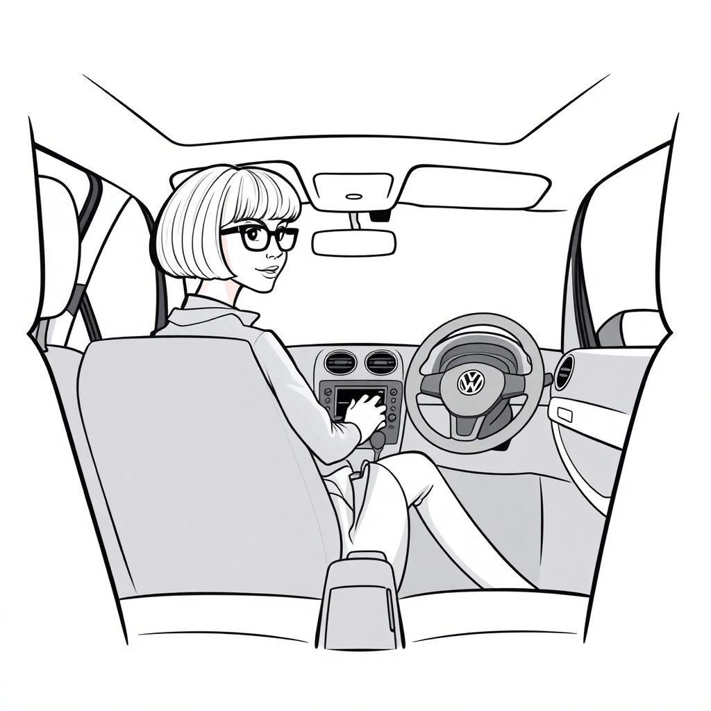 inside view of a VW Polo V from the front passenger seat point of view, looking at the driver seat from the side, short bowl haircut woman driving, skirt, glasses, she is looking at the camera over her shoulder, long establishing shot, 2D, caricature, cartoon, Sketch lines, coloring book, coloring book style on white background, well composed, clean coloring book page, No dither, no gradient, strong outline, No fill, No solids, vector illustration, side view, vector illustration, movement lines, from above