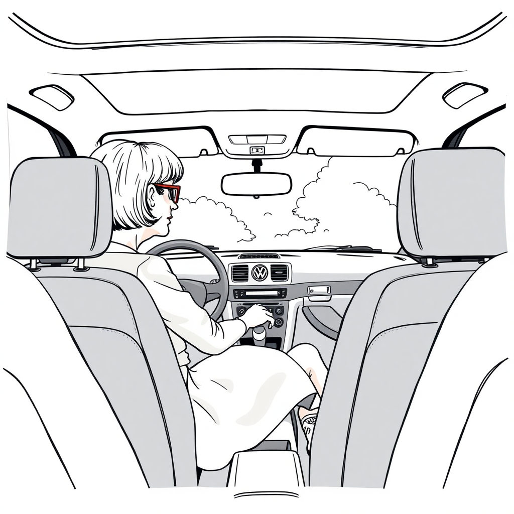 inside view of a VW Polo V, from the front passenger seat point of view, looking at the driver seat from the side, short bowl haircut 50 year old woman driving, skirt, glasses, she is looking at the camera over her shoulder, long establishing shot, 2D, caricature, cartoon, Sketch lines, coloring book, coloring book style on white background, well composed, clean coloring book page, No dither, no gradient, strong outline, No fill, No solids, vector illustration, side view, vector illustration, movement lines, from above