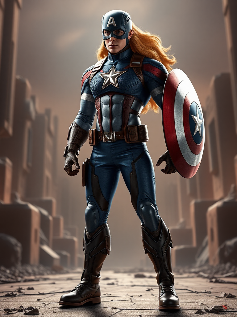 Generate a full-length hyper-realistic render featuring Captain America utilizing the body type of Power Girl. Retain the original head while modifying the silhouette to reflect Power Girl’s physique. Position the character in an appropriate background that harmonizes elements from both universes, blending iconic aspects of Captain America’s patriotism and Power Girl’s strength. Ensure attention to detail in textures, lighting, and colors to create a vivid, lifelike scene. Maintain a dynamic pose that captures the essence of both characters. Focus on a balanced composition that showcases the character effectively within the chosen environment.