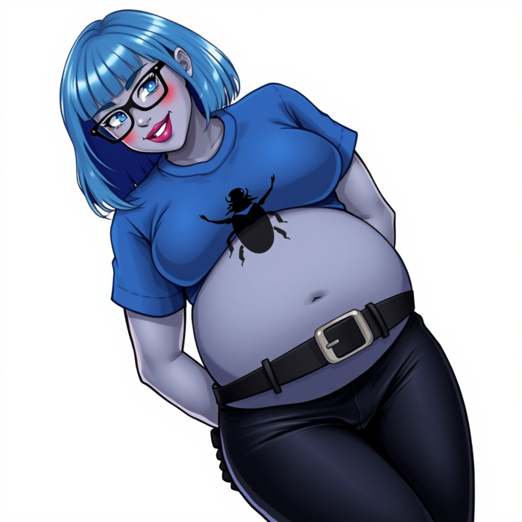 A 28-year-old, full-figured, metallic middle gray skinned computer program hybrid with a short maximum blue bob cut. She has a non-athletic build, highlighted by a prominent, round midsection (with a focus on her round belly). As a digital sidekick to her cyberpunk vigilante boyfriend, her middle gray metallic skin and maximum blue lipstick emphasize her digital nature. She wears a large, tight-fitting, maximum blue t-shirt (accentuating her belly) with a black chest icon of a beetle on its chest, black pants, a black belt with a sapphire scarab buckle, and black gloves. Her bright blue eyes, black eyeglasses, and shy smile with neon red blush accentuate her nerdiness. She bashfully bows her head with her hands behind her back, her t-shirt covers her midsection (especially her belly) and emphasizing her full-figured, non-athletic physique. She is on a solid white background. She is drawn as if she was in a retro 2D cyberpunk fighting game. She is clearly non-athletic, with a focus on her full figure. Make sure her t-shirt covers her midsection (especially her belly).