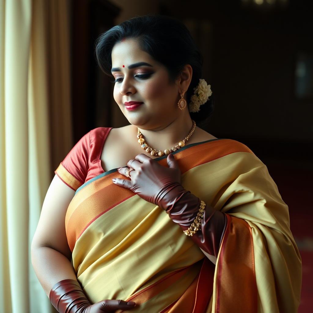 Pov: Curvy mature Indian woman wearing a saree dress, long satin gloves, low-angle