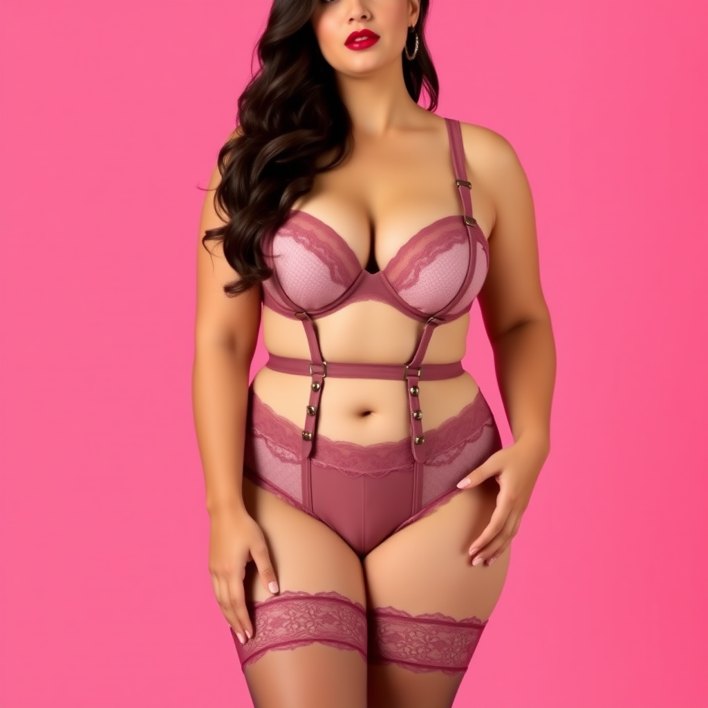 A lingerie advert featuring a plus size model about UK size 16. The model should be shown full height. She is wearing a matching set of lingerie including bra, briefs, stockings, and a vintage style suspender belt with four straps. The image should be on a simple brightly coloured backdrop. There must be no text in the image.