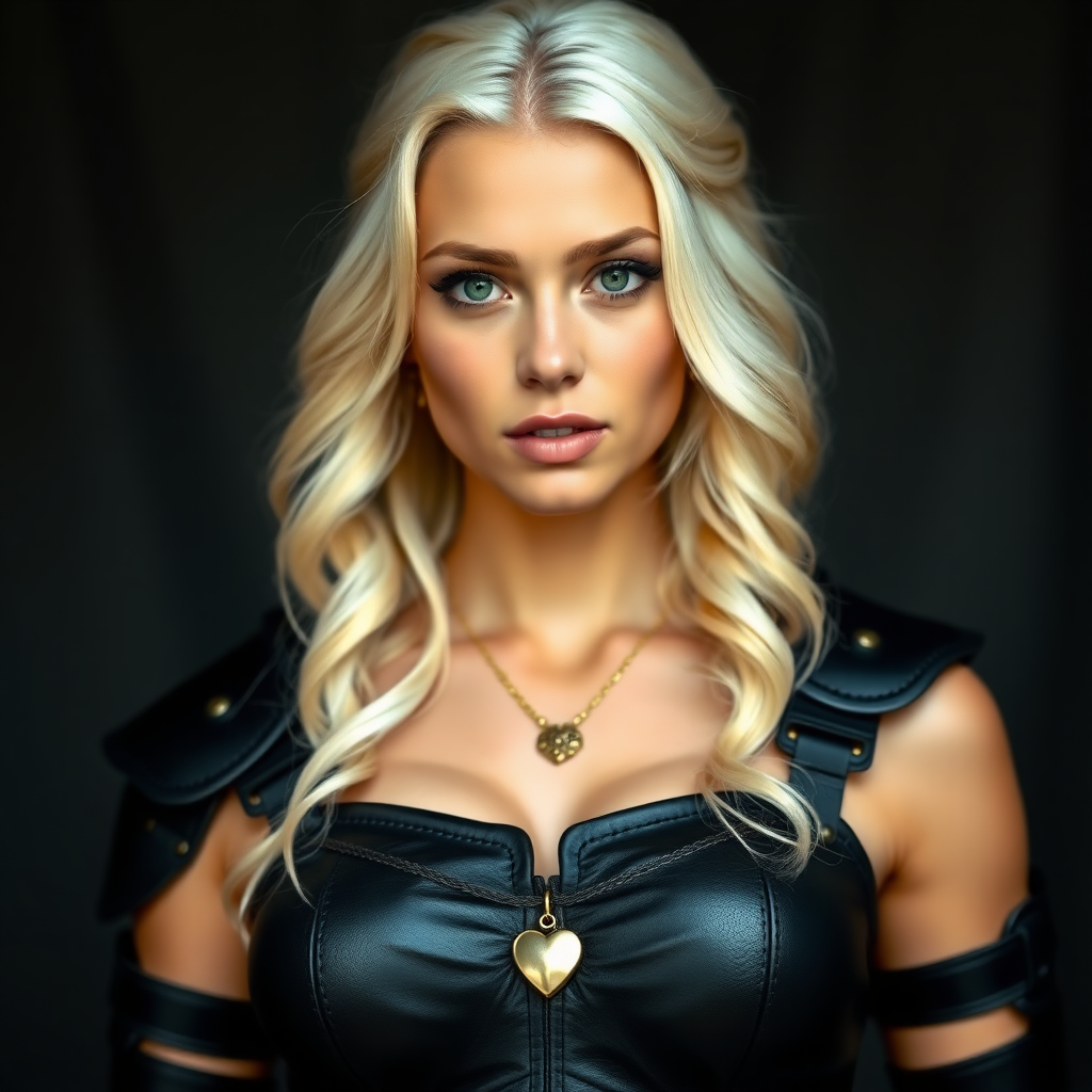 Portrait of a beautiful young woman with long wavy platinum blonde hair, green eyes, a suntan, large breasts, and light brown eyebrows. She is wearing black leather armor and a gold necklace with a small heart pendant.