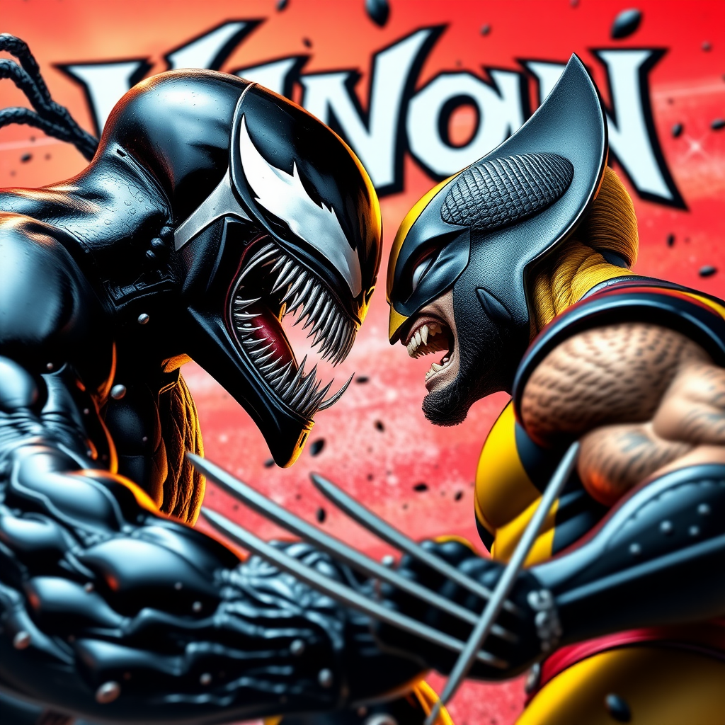 On a comic book cover is Venom Vs Wolverine in Cinematic Real3d photo-realistic quality.