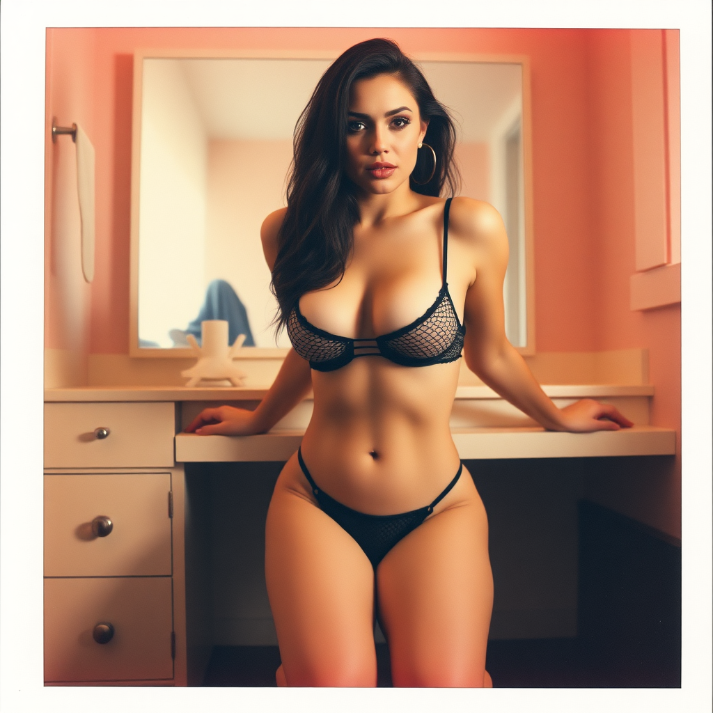 old polaroid photo with heavy vignetting and color tint and light leak, depicting a sexy curvy thicc girl wearing a small revealing black mesh bikini gstring thong sitting with her knees spread apart to show panties on a built in vanity with a mirror