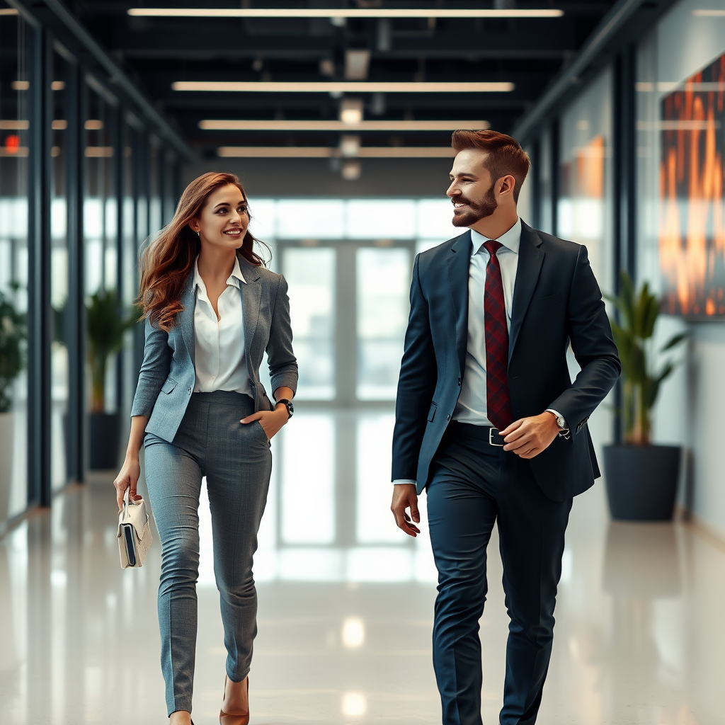 A businessman and an attractive businesswoman walking through flames to office