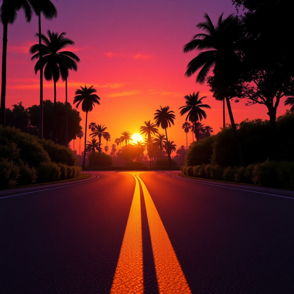 a tranquil sunset scene on a winding road, showcasing a low perspective view of the asphalt with a vibrant yellow line cutting through the center. Tall, slender palm trees on either side stretch upwards against a gradient sky, transitioning from deep purple to fiery orange and soft pink hues. Lush silhouettes of bushes and trees frame the scene, creating a sense of depth and tranquility. The setting sun is partially obscured, casting warm, golden light that highlights the texture of the road and offers a soft glow to the foliage. The overall composition exudes a dreamy, serene atmosphere reminiscent of hyperrealistic photography.Viral anime nature wallpaper quality