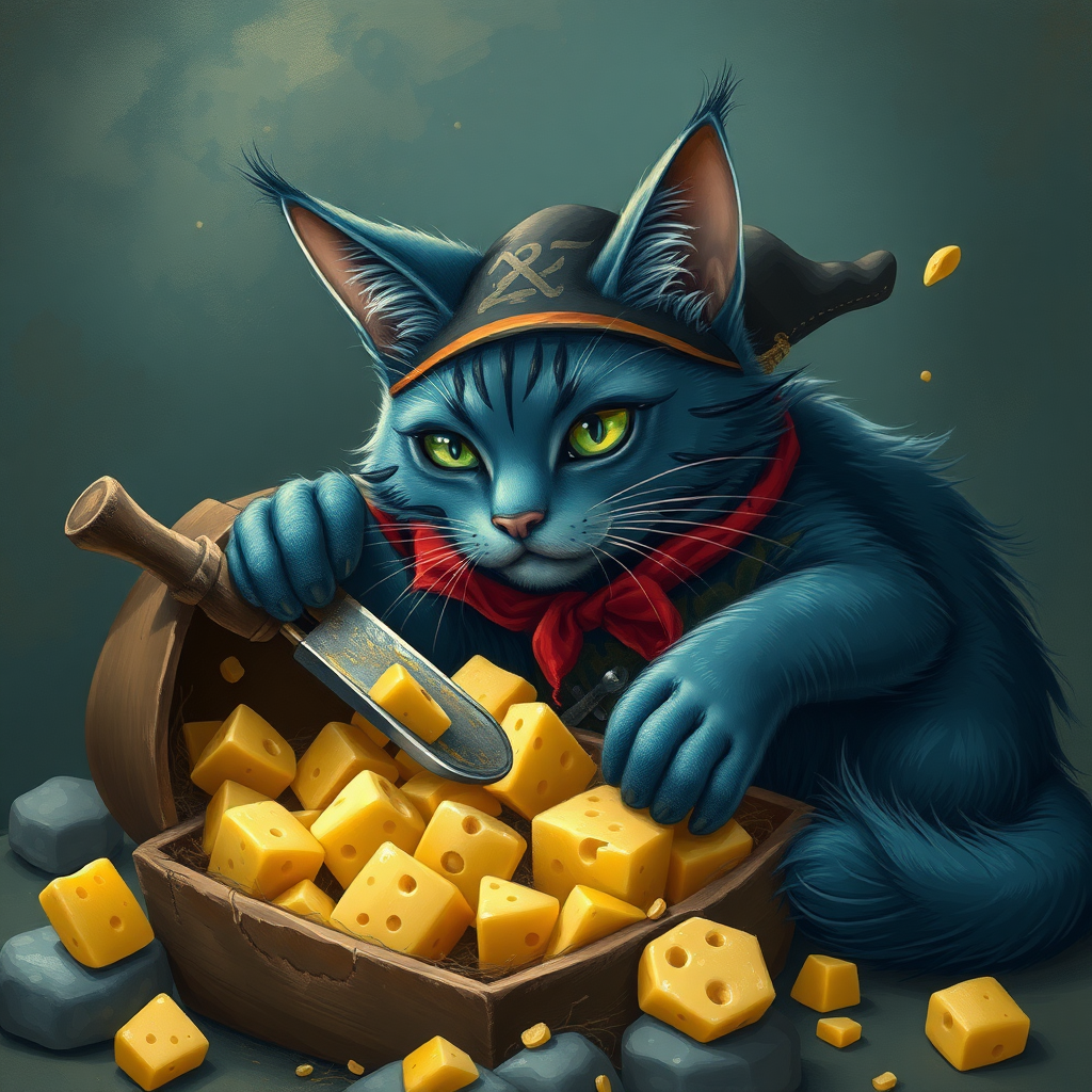 Russian blue cat pirate digging up a treasure filled with cheese, glurge art.