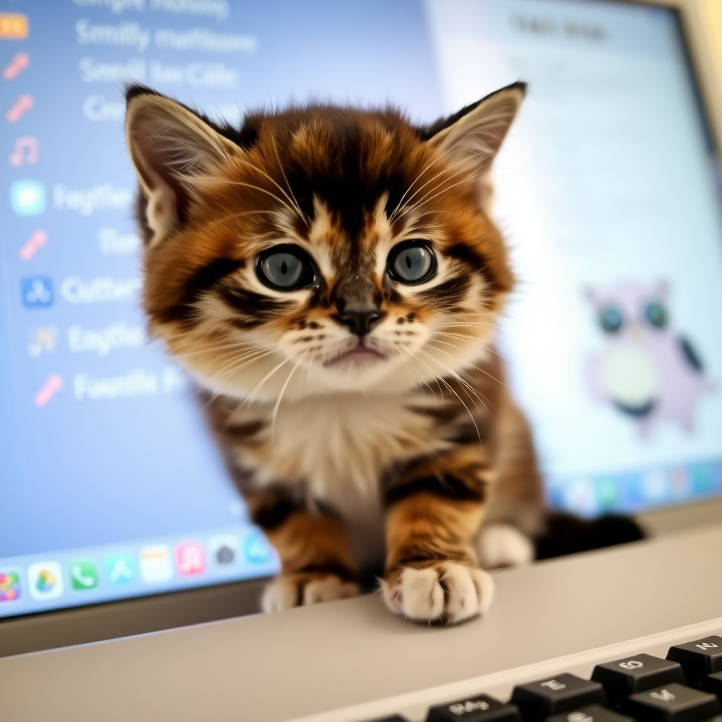 A chubby little cat on the computer screen, so cute!