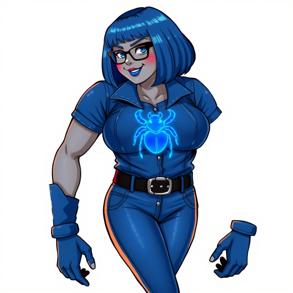 A 28-year-old, full-figured, middle gray metallic-skinned computer program-human hybrid with a maximum blue bob cut. She has a non-athletic build, highlighted by a prominent, round, large midsection. As a digital sidekick, computer hacker, and nerdy girlfriend to her cyberpunk vigilante boyfriend, her middle gray metallic skin and maximum blue lipstick emphasize her digital nature. She wears a costume consisting of a maximum blue leather shirt (that accentuates her figure) with a neon blue beetle chest icon, a black belt with a sapphire scarab buckle, maximum blue pants, and black gloves. Her bright blue eyes, black eyeglasses, and lovestruck smile with neon red blush accentuate her nerdiness. She stands bashfully with her hands behind her back, her costume covering all her skin. Her pudgy and full-figured physique is fully emphasized. She is on a solid white background. She is drawn as if she was in a retro 2D cyberpunk fighting game.